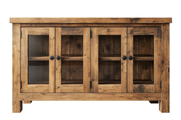 Rustic Farmhouse Wood Media Console with Four Glass Doors showcasing reclaimed wood texture and black metal hardware against a black on transparent background