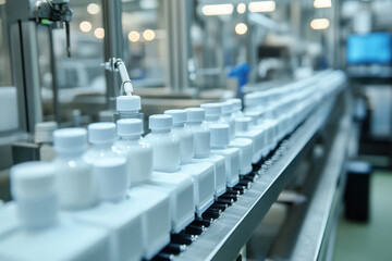 Fototapeta premium Factory with many cups on conveyor belt, automated production line in operation.