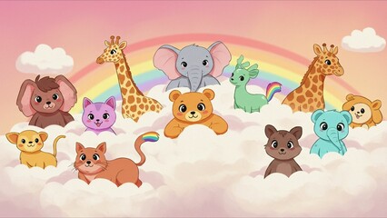 Naklejka premium Cute Cartoon Animals in Cloudscape with Rainbow