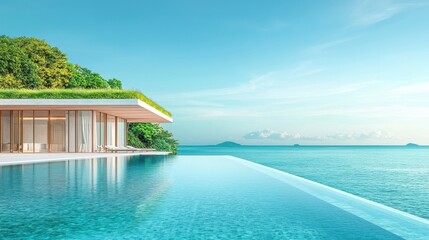 Modern architecture by the serene ocean, featuring a stylish infinity pool and lush greenery.