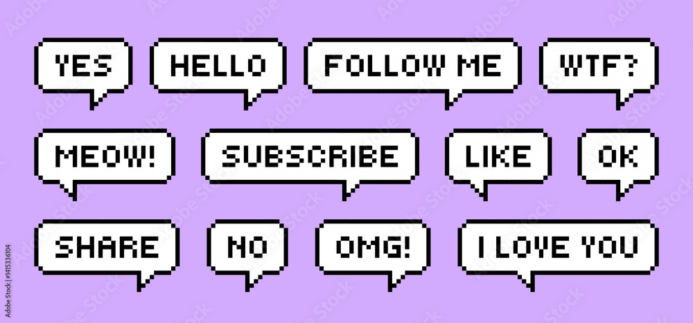Fototapete set of pixel art speech bubbles for social media. subscribe, follow me, share. nostalgia arcade. ret