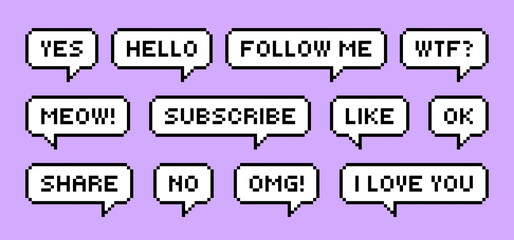 Set of pixel art speech bubbles for Social media. Subscribe, Follow me, share. Nostalgia arcade. Retro game style dialogue box and icons. Modern vector illustration.