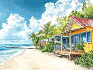 Charming beachside cottage with palm trees under a bright sky and tranquil ocean waves.