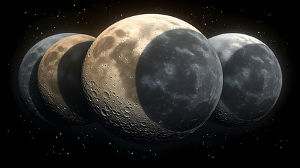 Four phases of lunar illumination showcased against a backdrop of twinkling stars in the dark expanse of space