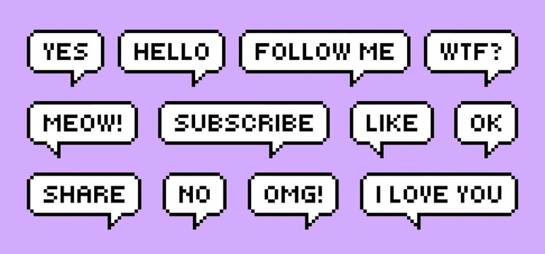 Set of pixel art speech bubbles for Social media. Subscribe, Follow me, share. Nostalgia arcade. Retro game style dialogue box and icons. Modern vector illustration.