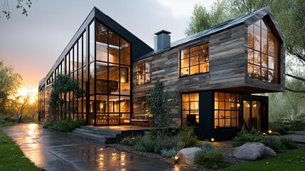Fototapeta premium Modern Wooden House with Glass Facade Surrounded by Nature