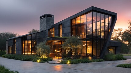 Fototapeta premium Modern Architectural House with Glass Facade at Sunset Twilight