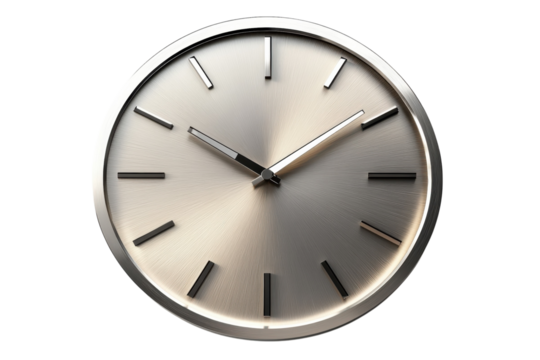 Elegant brushed gold analog clock precise timekeeping design minimalist style isolated on black background showcasing clean lines and on transparent background