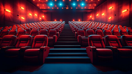 Interior view featuring rows of red seats in a cinema theater dimly lit with rows of stairs and overhead lights