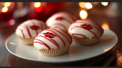 Holiday cupcake with red lips for Valentine day. Romantic dessert on plate. Celebration of love and relationships, romantic dinner, and surprise for greeting card.
