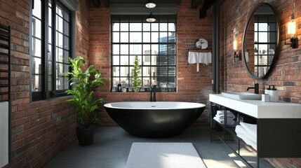 Modern bathroom with brick walls and urban view