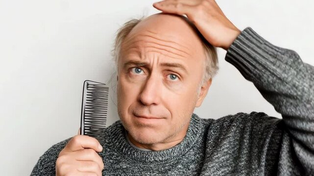 An older man with receding hair who is obviously unhappy and clutching a comb with some hair matted to it. 