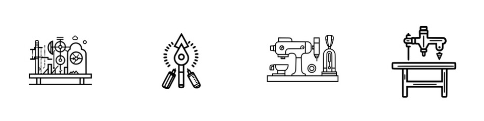 Vector illustration of industrial tools and equipment on a workshop table showcasing various machines for craftsmanship