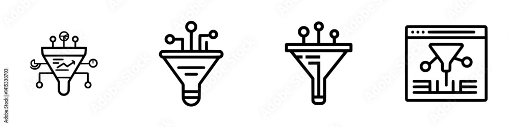 Poster vector illustration of multiple funnel icons representing data processing and analysis in a digital 