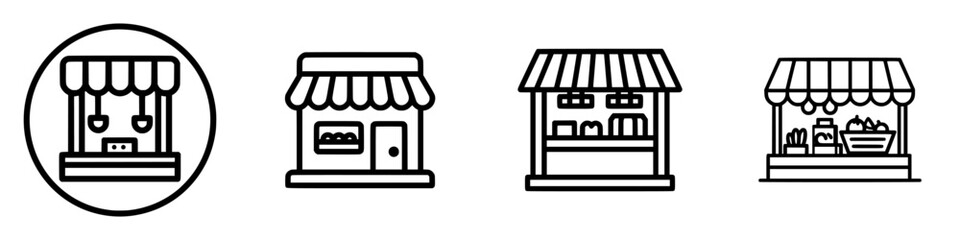 Vector illustration of various market stall designs showcasing diverse food options and retail activities in a charming setting