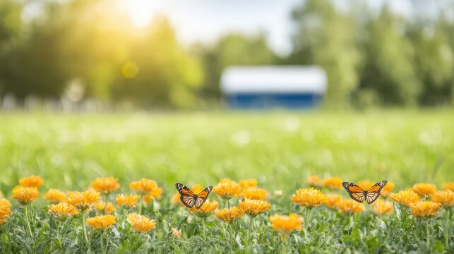 Fototapeta Vibrant Butterflies on Bright Yellow Flowers in a Lush Green Field