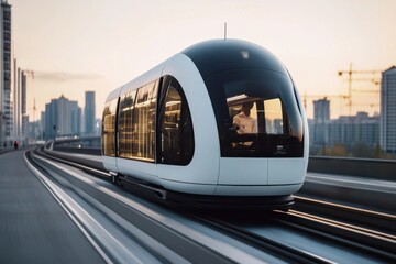 Obraz premium Modern train travels along elevated tracks in a bustling cityscape at sunset