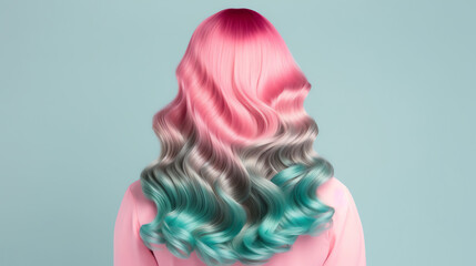 A stunning display of flowing ombre hair featuring vibrant pink and aqua colors that's perfect for hairstylists and beauty enthusiasts.