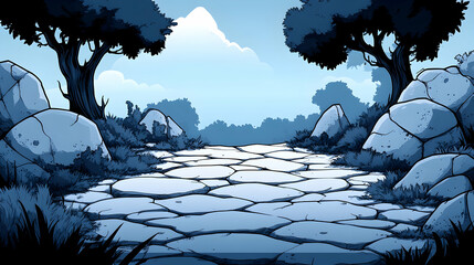 Paved stone path leads towards hazy horizon framed by dark trees and rocks in monochrome palette for a scenic effect