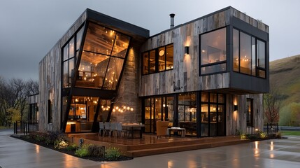 Fototapeta premium Modern wooden house with large windows in a scenic outdoor setting