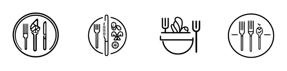 Vector illustration icons representing dining utensils and various food arrangements in a minimalist style