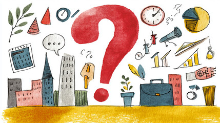 A colorful illustration featuring various symbols like clocks, buildings, and a large question mark, representing inquiry and exploration.