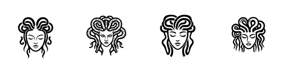 Fototapeta premium Iconic vector illustration of four stylized female heads with intricate hairstyles representing different mythological themes