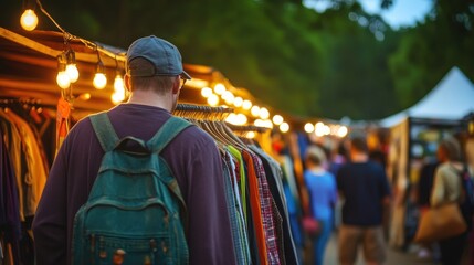 Evening market scene with shoppers browsing colorful clothing stalls under string lights