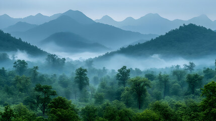 Obraz premium Misty Blue Mountains and Lush Green Forest Landscape