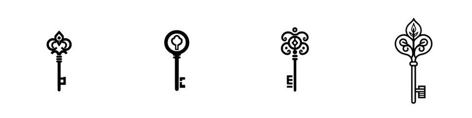Vector illustration of vintage keys featuring ornate designs, ideal for decorative purposes in various projects and artworks