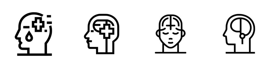 Vector illustration depicting mental health concepts through four distinctive head icons representing emotions and awareness