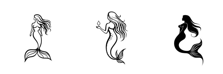Detailed vector illustration featuring three unique mermaids with flowing hair and distinct poses