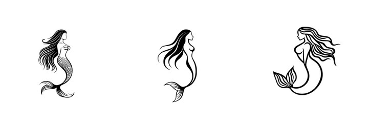Vector illustration of three unique mermaid designs showcasing different poses and styles in a minimalist black and white aesthetic