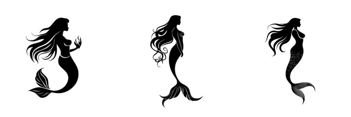 Silhouetted vector illustrations of mermaids in various poses showcasing graceful forms and flowing hair