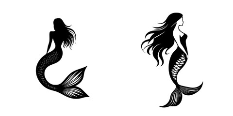 Vector illustrations of elegant mermaids with flowing hair and intricate tails showcasing mythical beauty and grace