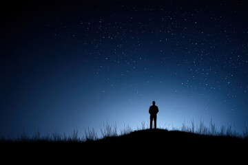 Lone Observer: A solitary figure stands silhouetted against the vast expanse of a star-studded night sky, contemplating the mysteries above.