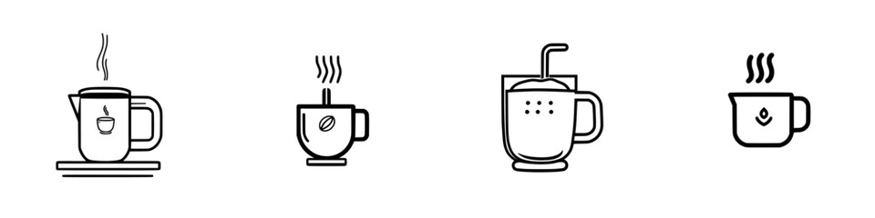 Vector illustration icons of various types of beverage cups and kettles representing different drink styles and preparation methods