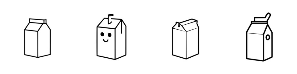 Set of vector illustrations featuring different styles of milk cartons in a minimalistic design suitable for various graphic uses