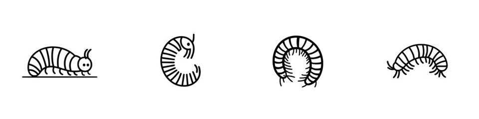 Vector illustration of various centipede designs showcasing their body structure and movement patterns in a simple and stylish manner