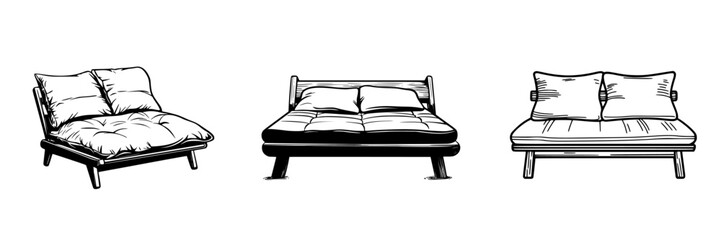 Cozy seating options featuring three distinct sofa styles in a vector illustration format