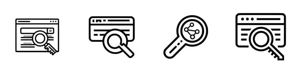 Vector illustration icons depicting various search symbols associated with web browsing and online navigation in a digital workspace