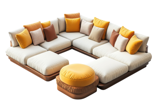 Luxurious modular sofa design in off white and mustard yellow featuring plush cushions and a rich wooden frame perfect for modern living on transparent background