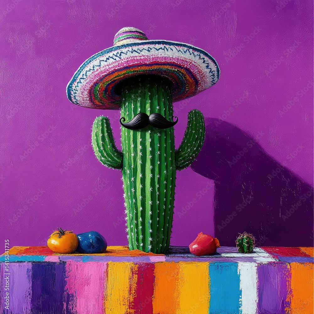 Fototapete a cheerful cactus wearing a colorful sombrero and mustache sits proudly on a vibrant multicolored ta