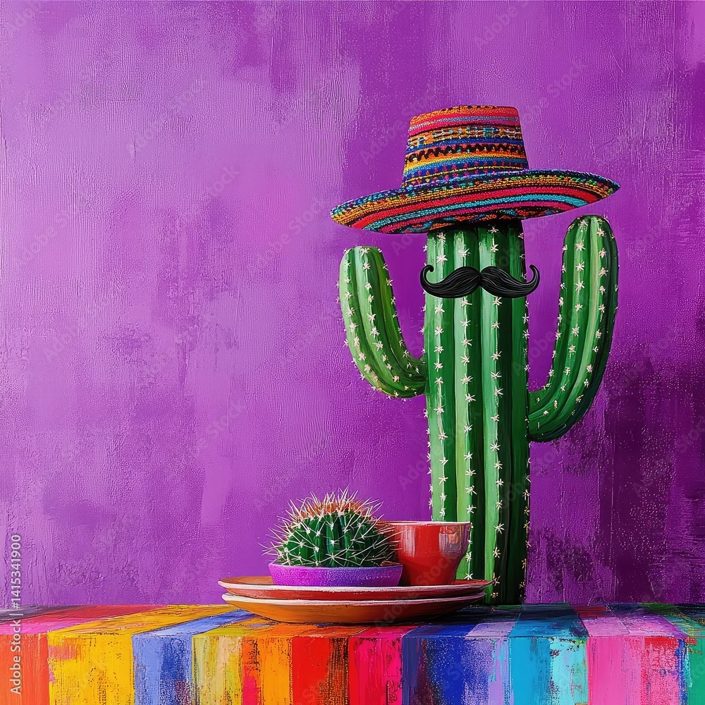 Fototapete a cheerful cactus wearing a colorful sombrero and mustache sits proudly on a vibrant multicolored ta