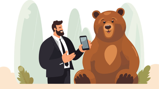 Brown Bear Making Video Call with Normal Guy Talking EPS Vector Illustration
