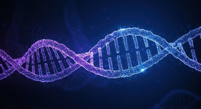 Double helix dna structure in blue and purple on a dark background.