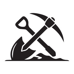 Shovel and pickaxe icon. Vector Black silhouettes icon isolated on white background. Shovel and pick axe. Simple icon. Web site page and mobile app design element.