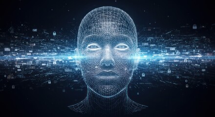 Digital human head with glowing eyes and abstract data stream on dark background.