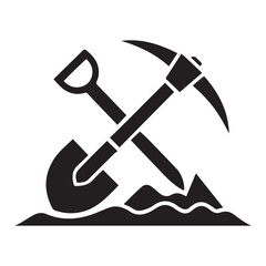 Shovel and pickaxe icon. Vector Black silhouettes icon isolated on white background. Shovel and pick axe. Simple icon. Web site page and mobile app design element.