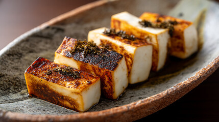 Grilled tofu slices with miso glaze rustic ceramic p